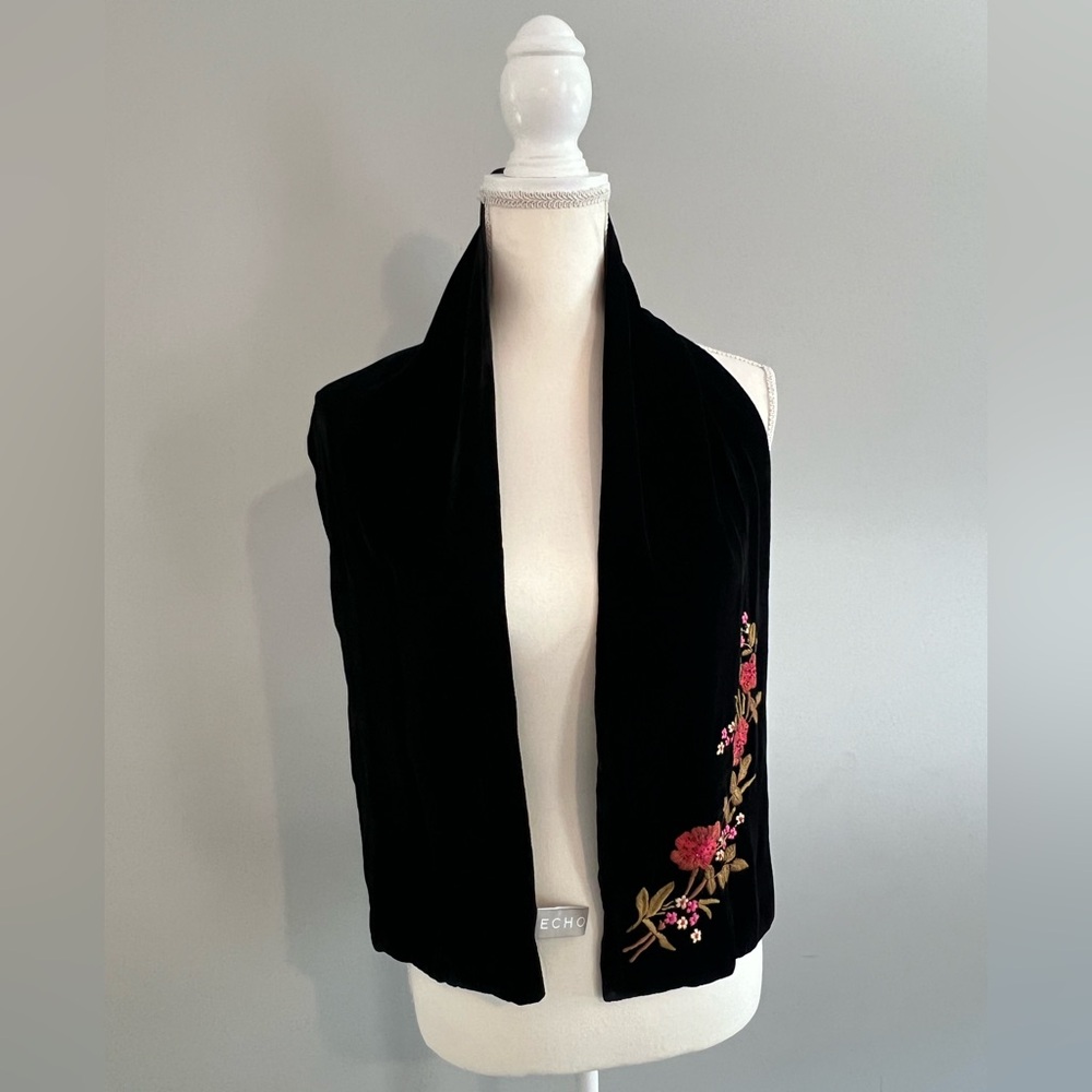 ECHO Black Velvet and Silk Scarf with Pink Floral Embroidery
